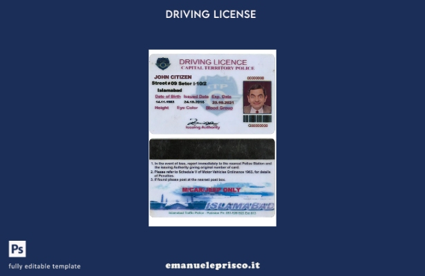verified style modello di versione della patente di guida pakistana (Islamabad) in stile verifi template